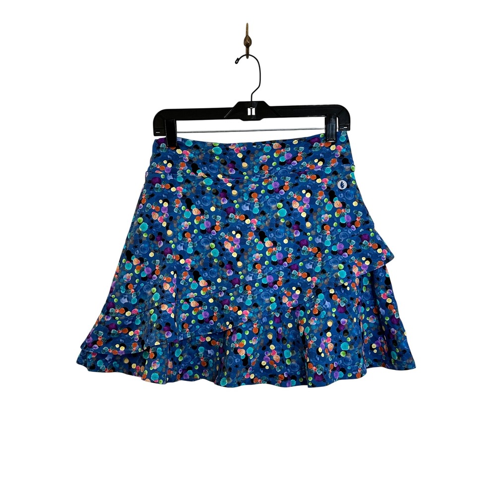 Dona Jo Glide Skirt Skort Size‎ L Blue Confetti Polka Dot Ruffle Golf Pickleball